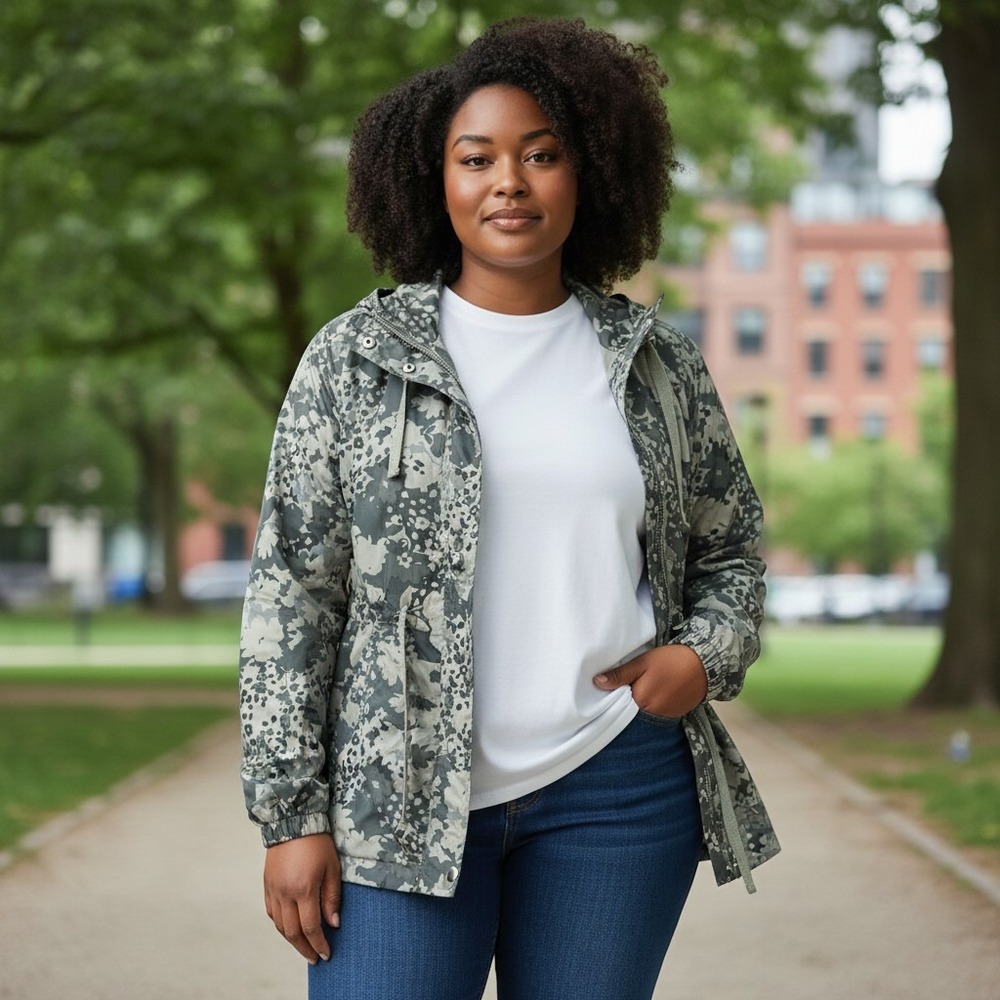 Maurices Windbreaker Jacket Womens Medium Green Floral Camo Excellent Anorak